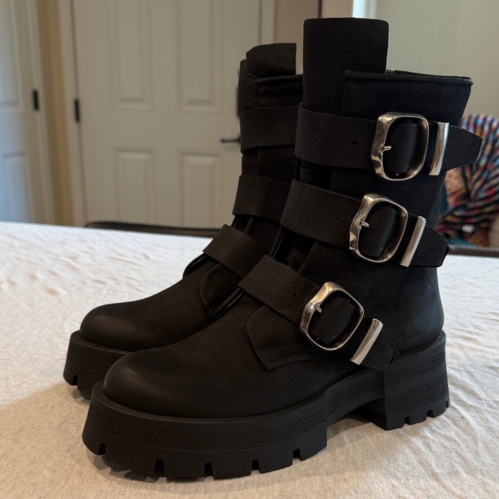 Sleek Black Triple Buckle Combat Boots